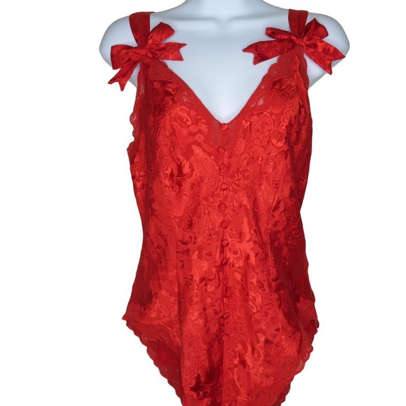 Victorias Secret Gold Label Red Satin Brocade Teddy One Piece M Valentines Bows - Picture 1 of 13